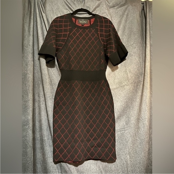 Nicole miller midi dress small black and red sheath short sleeves knee length - Picture 9 of 9